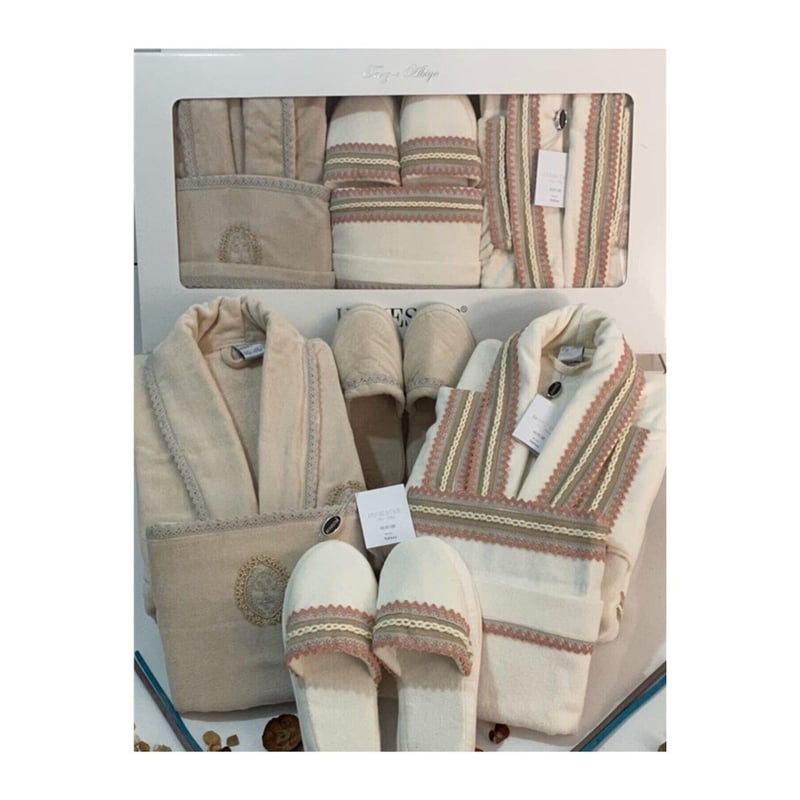 HOMESTAR SARDUNYA VELVET LINE DELUXE AİLE BORNOZ SETİ KREM (LACİVERT)- KREM