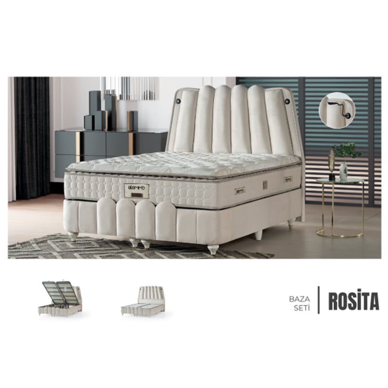 UMUT 160*200 ROSİTA BAZA BAŞLIK YATAK (SİLVER) SET / RUBON KREM